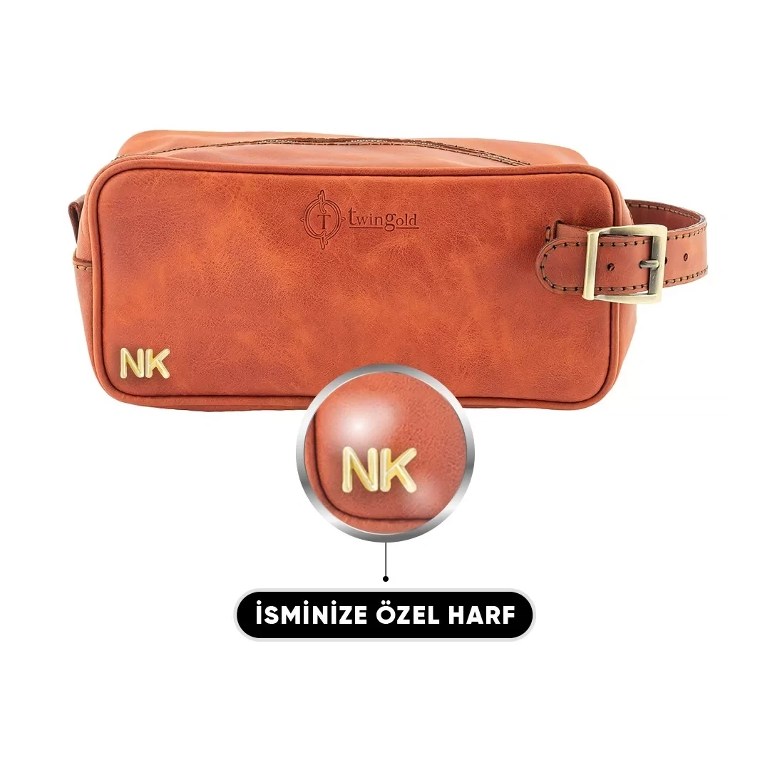 İsme Özel Dopp Kit Kişisel Bakım ve Seyahat Çantası - %100 Rainbow Deri - AC14004 - Tobacco