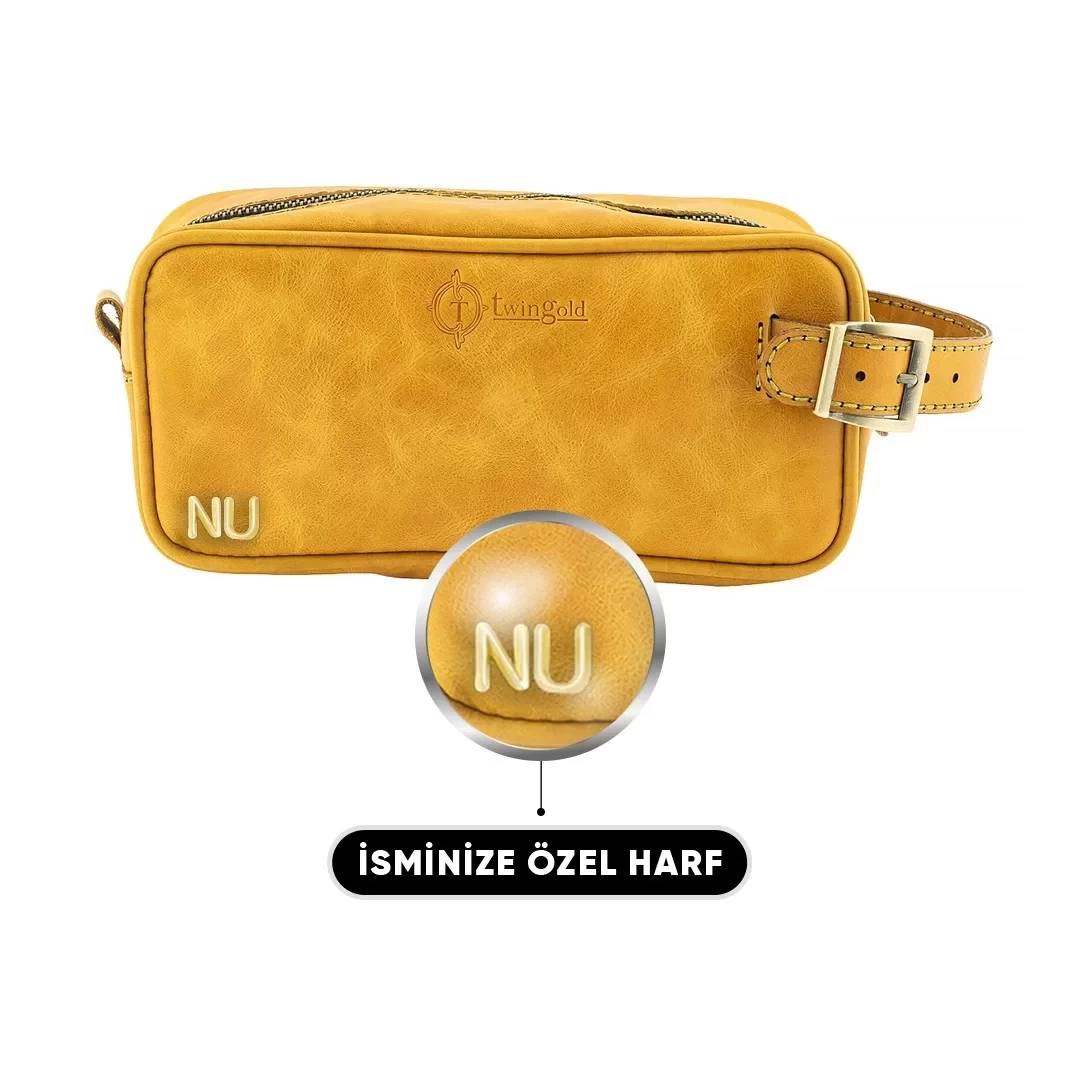 İsme Özel Dopp Kit Kişisel Bakım ve Seyahat Çantası - %100 Rainbow Deri - AC14004 - Hardal Sarısı
