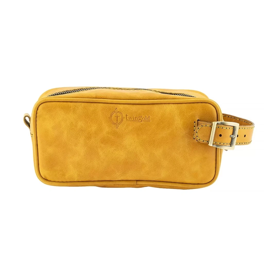 İsme Özel Dopp Kit Kişisel Bakım ve Seyahat Çantası - %100 Rainbow Deri - AC14004 - Hardal Sarısı