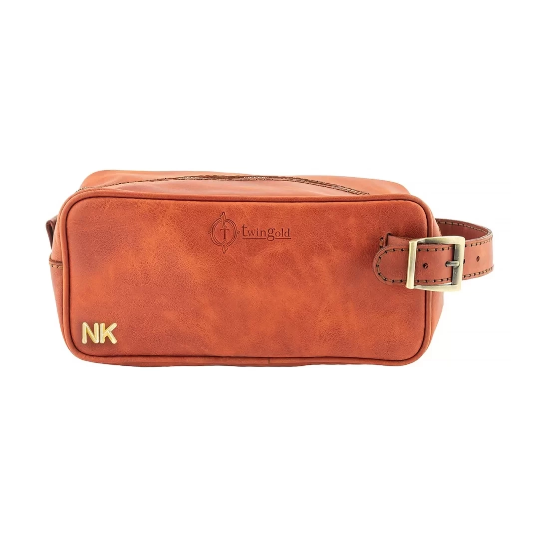 İsme Özel Dopp Kit Kişisel Bakım ve Seyahat Çantası - %100 Rainbow Deri - AC14004 - Tobacco