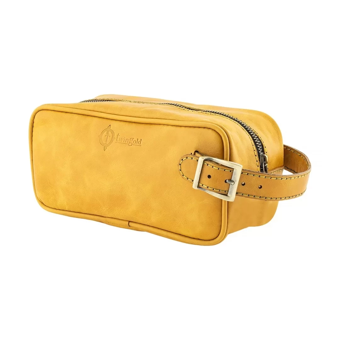 İsme Özel Dopp Kit Kişisel Bakım ve Seyahat Çantası - %100 Rainbow Deri - AC14004 - Hardal Sarısı