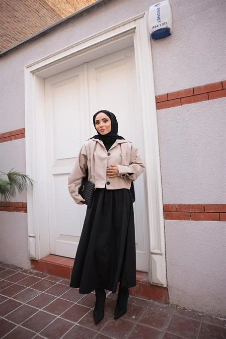 Düğmeli Geniş Kollu Kısa Bomber Ceket - (38-44) - 71342 - Bej