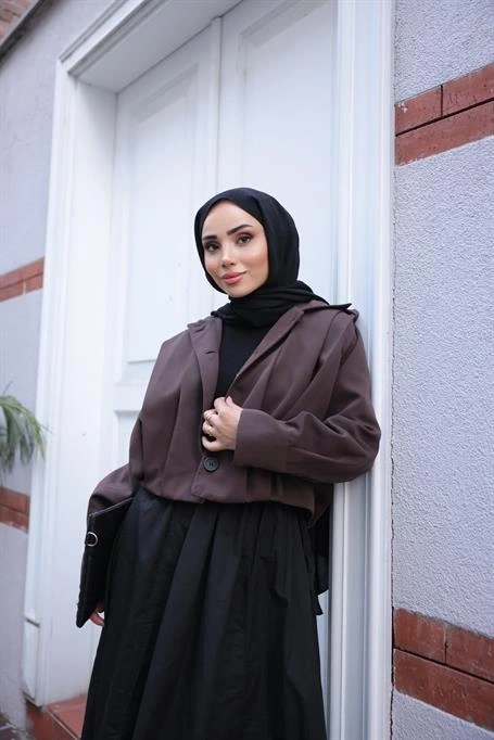 Düğmeli Geniş Kollu Kısa Bomber Ceket - (38-44) - 71342 - Kahverengi