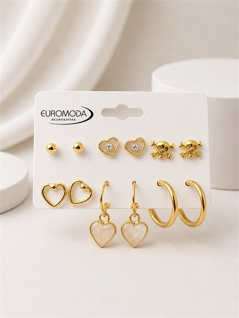 Ekru Mineli Kalp Detaylı Gold Renk 6lı Küpe Seti