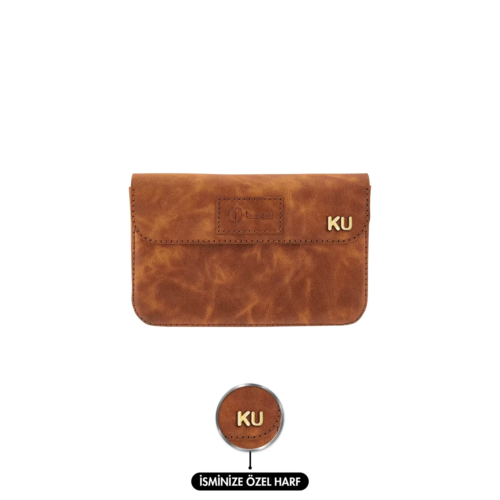 İsme Özel Çıtçıtlı Küçük El Çantası - %100 Deri - AC14001 - Camel
