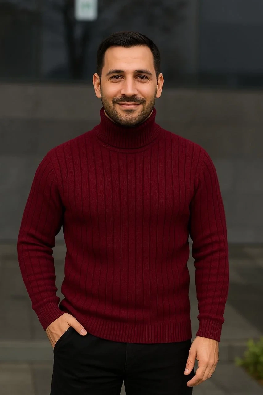 Erkek Balıkcı Yaka Bağazlı Triko Kazak Pamuklu Kalın Fitilli Dokuma, Regular Fit Uzun Kollu Kışlık Model - Bordo
