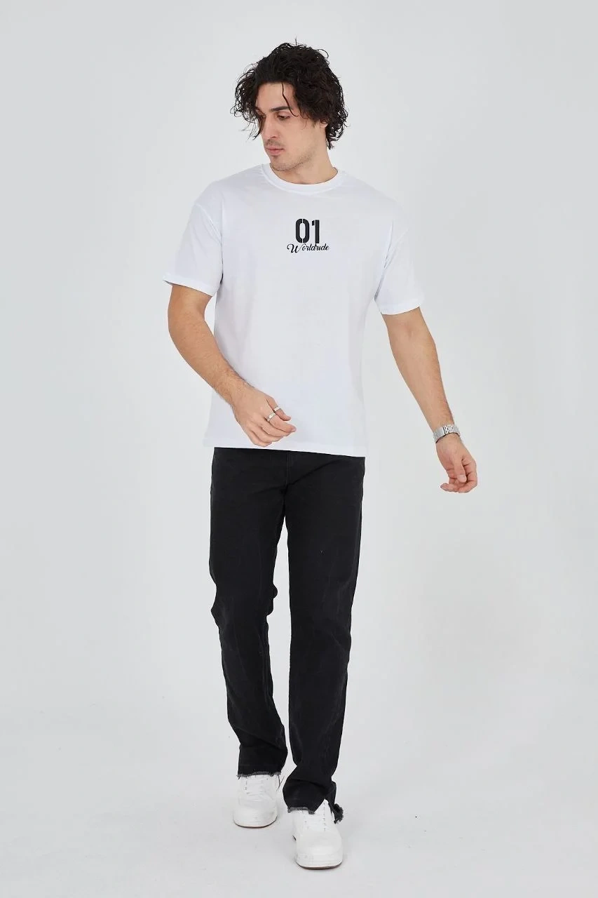 Erkek Bisiklet Yakalı Baskılı T-Shirt - Beyaz