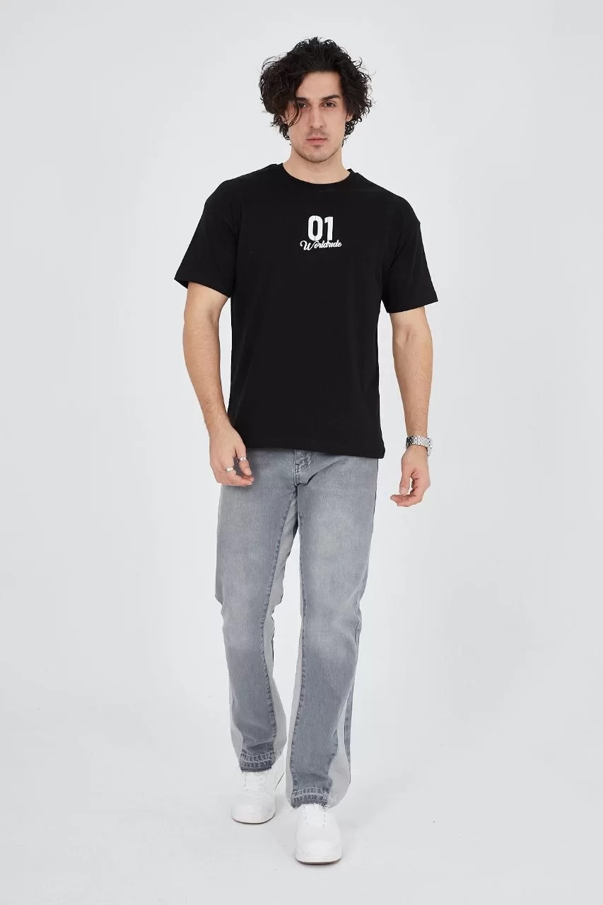 Erkek Bisiklet Yakalı Baskılı T-Shirt - Siyah