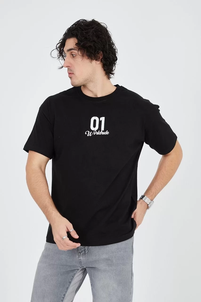 Erkek Bisiklet Yakalı Baskılı T-Shirt - Siyah