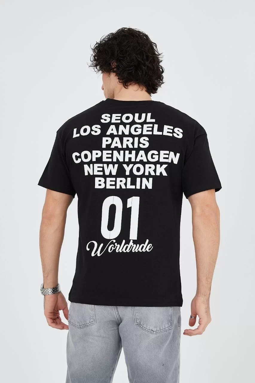 Erkek Bisiklet Yakalı Baskılı T-Shirt - Siyah