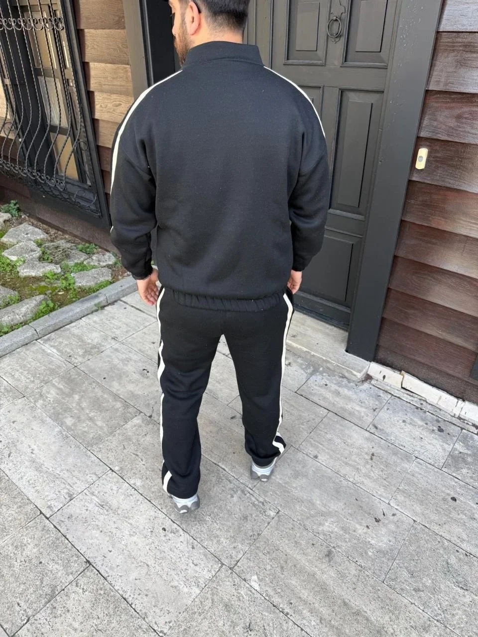 Erkek Çift Şeritli Eşofman Takım Dik Yaka Fermuarlı Sweatshirt Boru Paça Alt, Oversize 3 iplik Pamuklu - Siyah