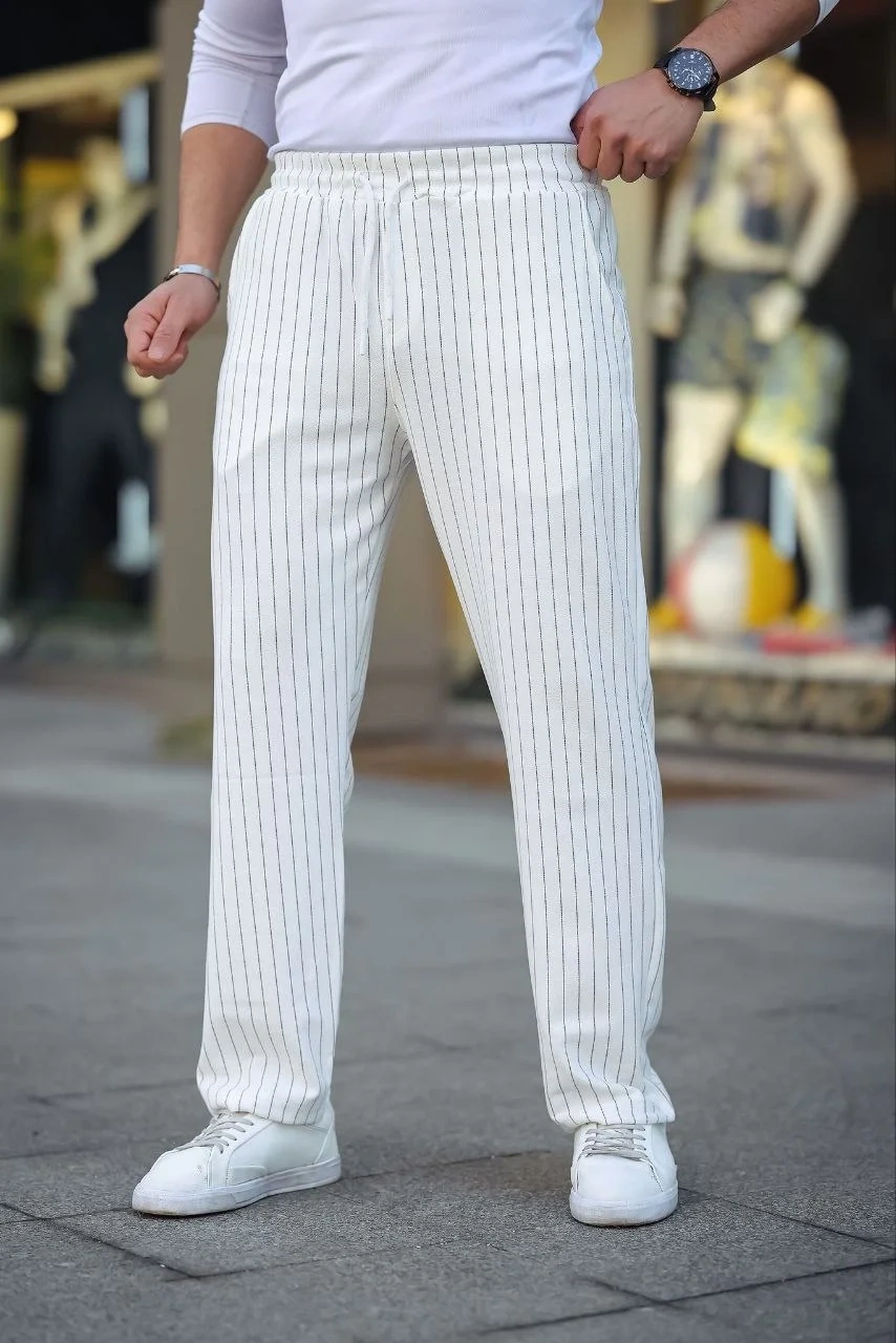 Erkek Cizgili Dokuma Krep Jogger Buggy Pantalon Rahat kalıp - Beyaz
