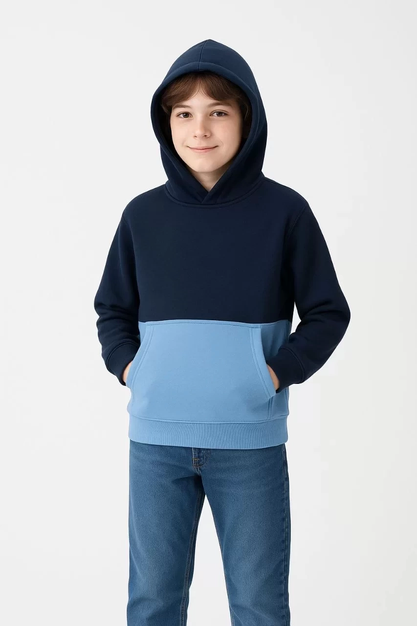 Erkek Çocuk Kapüşonlu Kanguru Cepli Parçalı SweatShirt - Renkli