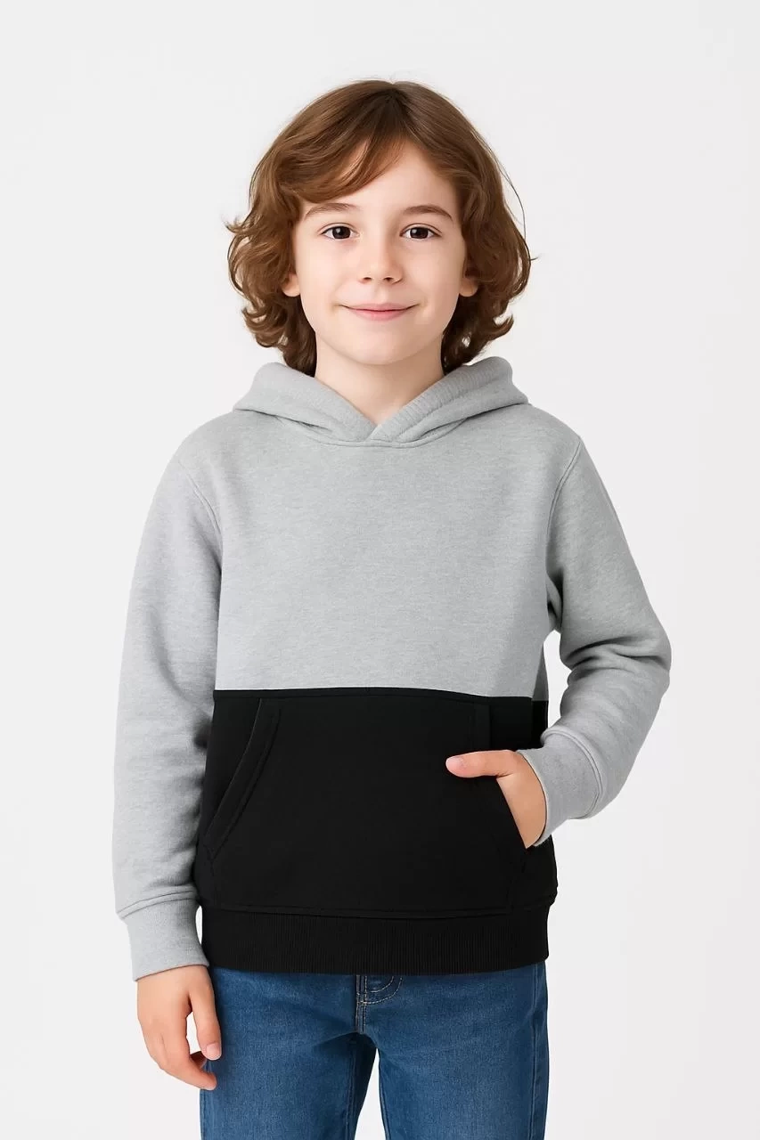 Erkek Çocuk Kapüşonlu Kanguru Cepli Parçalı SweatShirt - Renkli