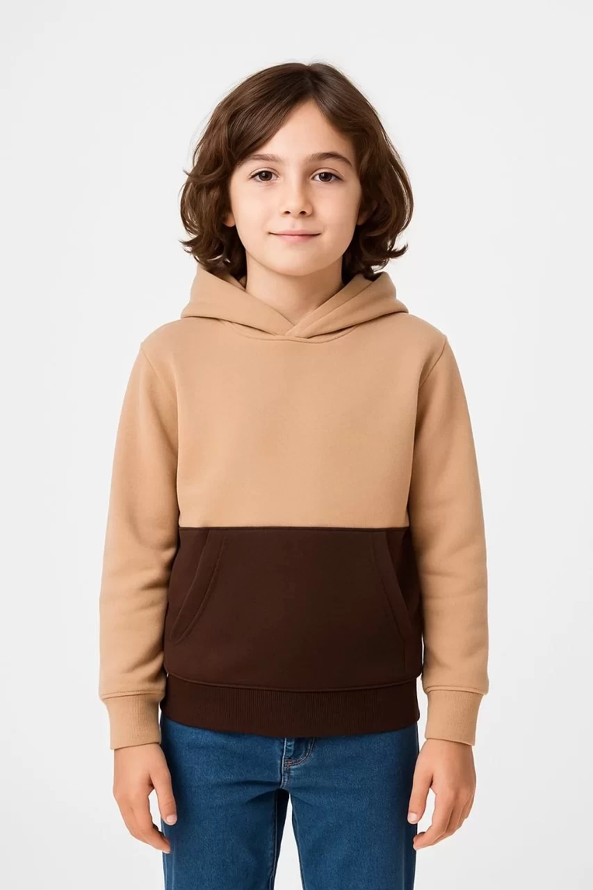 Erkek Çocuk Kapüşonlu Kanguru Cepli Parçalı SweatShirt - Renkli