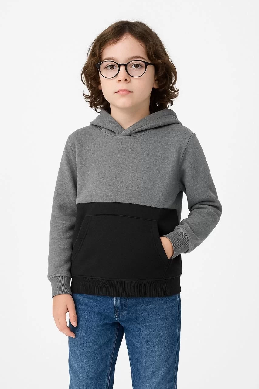 Erkek Çocuk Kapüşonlu Kanguru Cepli Parçalı SweatShirt - Renkli