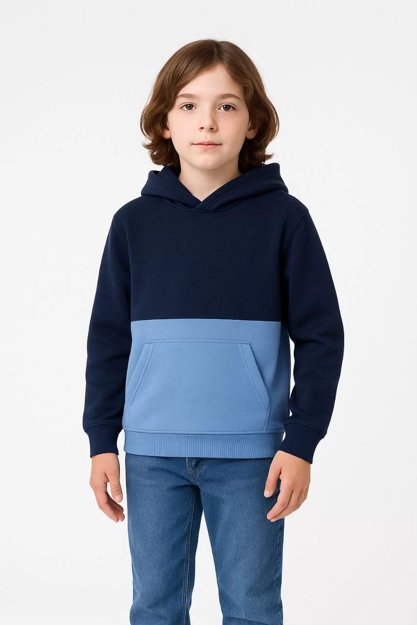 Erkek Çocuk Kapüşonlu Kanguru Cepli Parçalı SweatShirt - Renkli
