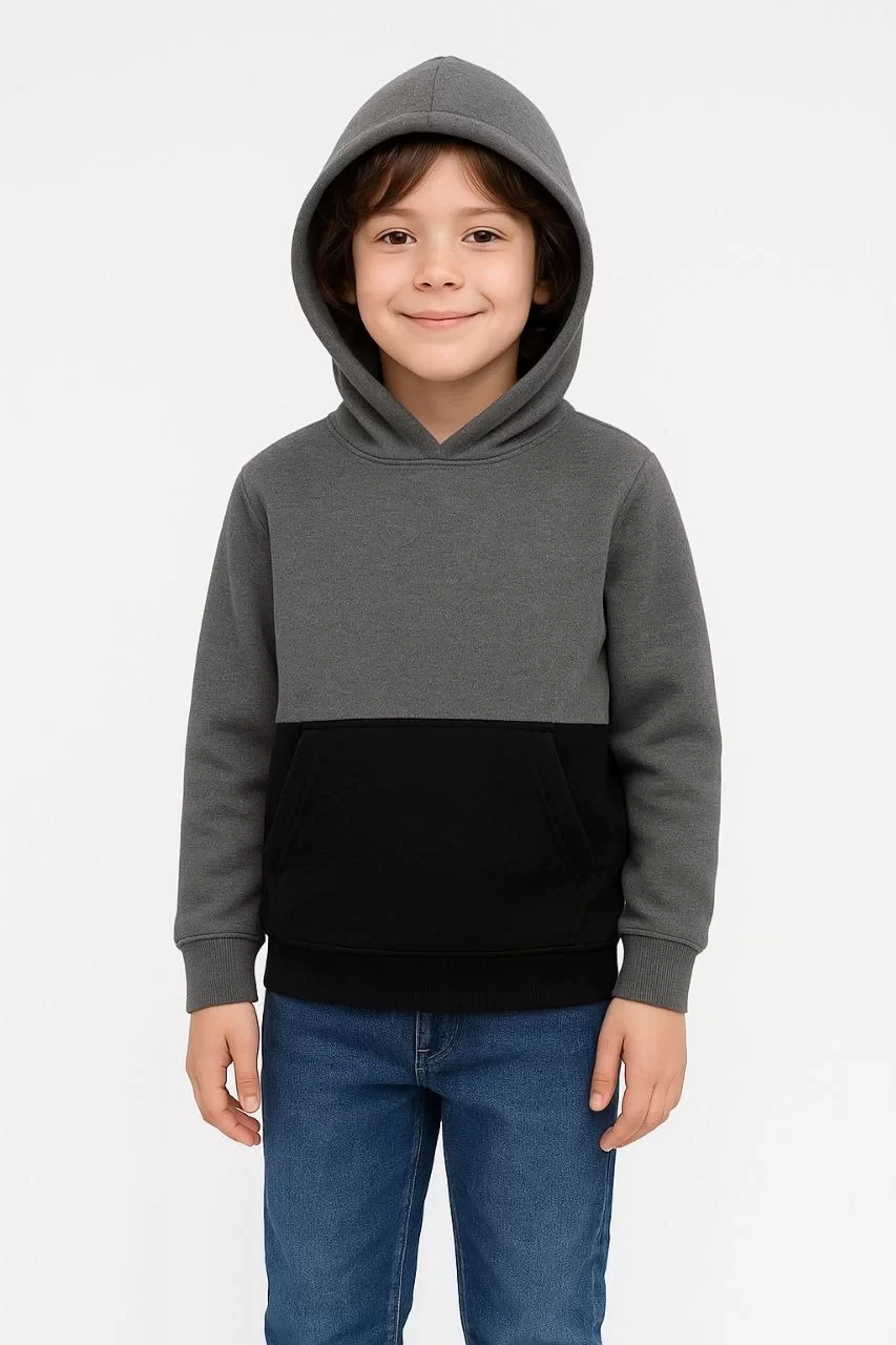 Erkek Çocuk Kapüşonlu Kanguru Cepli Parçalı SweatShirt - Renkli