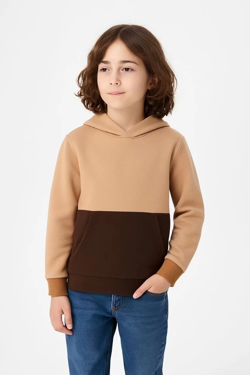Erkek Çocuk Kapüşonlu Kanguru Cepli Parçalı SweatShirt - Renkli