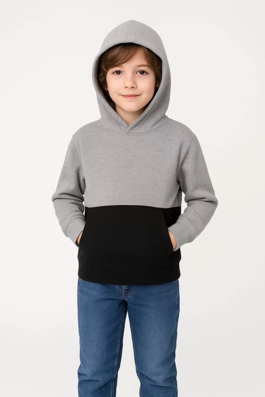 Erkek Çocuk Kapüşonlu Kanguru Cepli Parçalı SweatShirt - Renkli