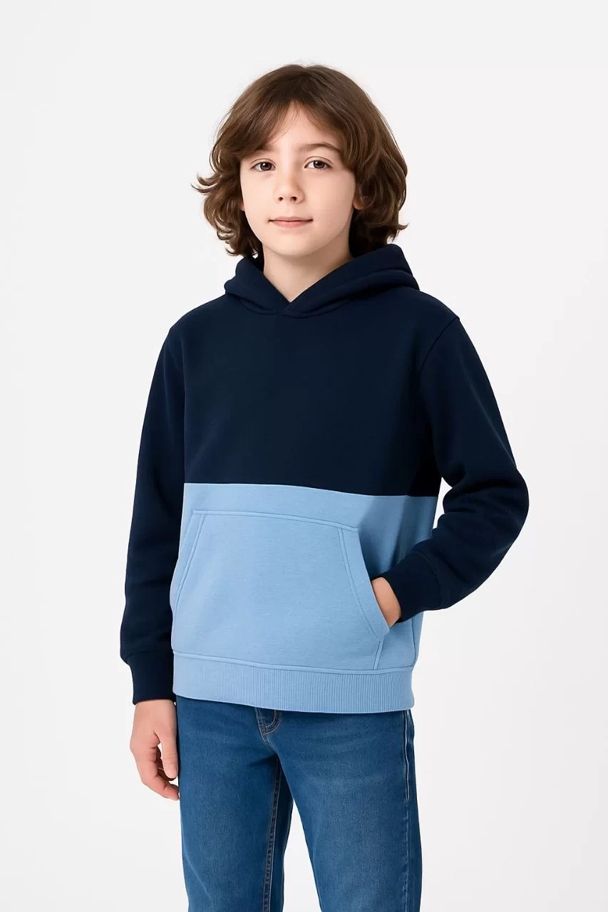 Erkek Çocuk Kapüşonlu Kanguru Cepli Parçalı SweatShirt - Renkli