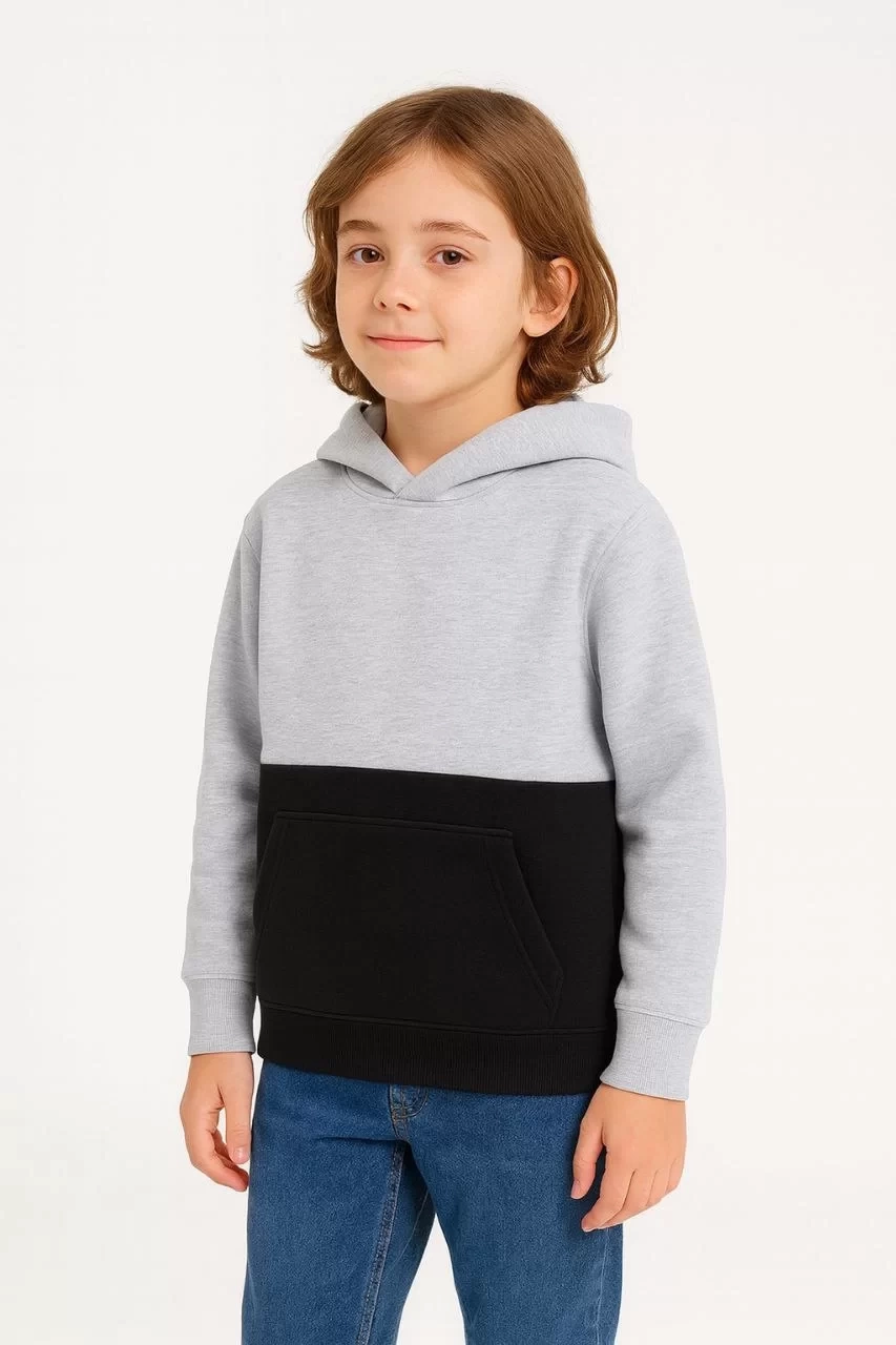Erkek Çocuk Kapüşonlu Kanguru Cepli Parçalı SweatShirt - Renkli