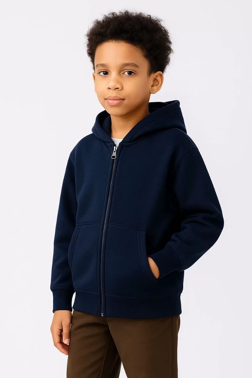 Erkek Çocuk Kapüşonlu Kanguru Çepli  Tam Fermuarlı Hırka SweatShirt - Lacivert