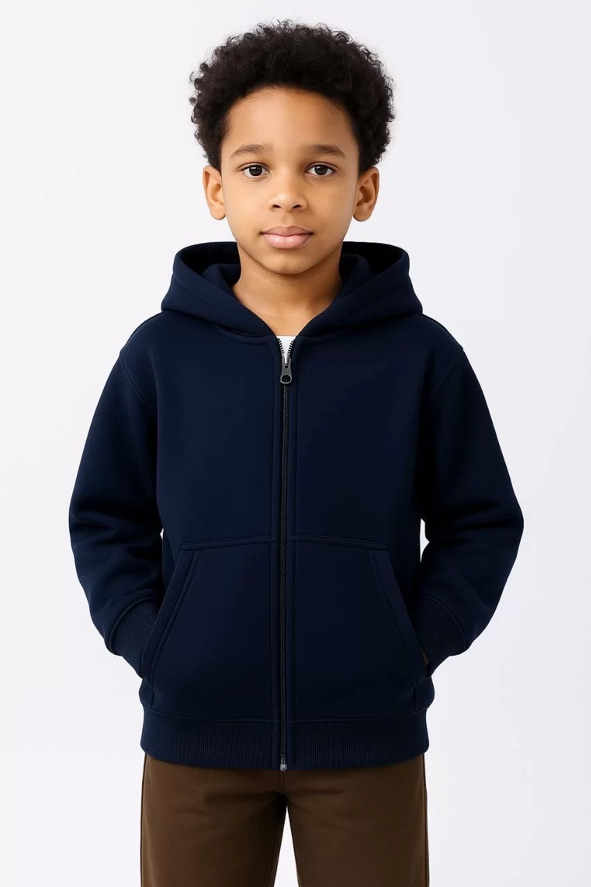 Erkek Çocuk Kapüşonlu Kanguru Çepli  Tam Fermuarlı Hırka SweatShirt - Lacivert