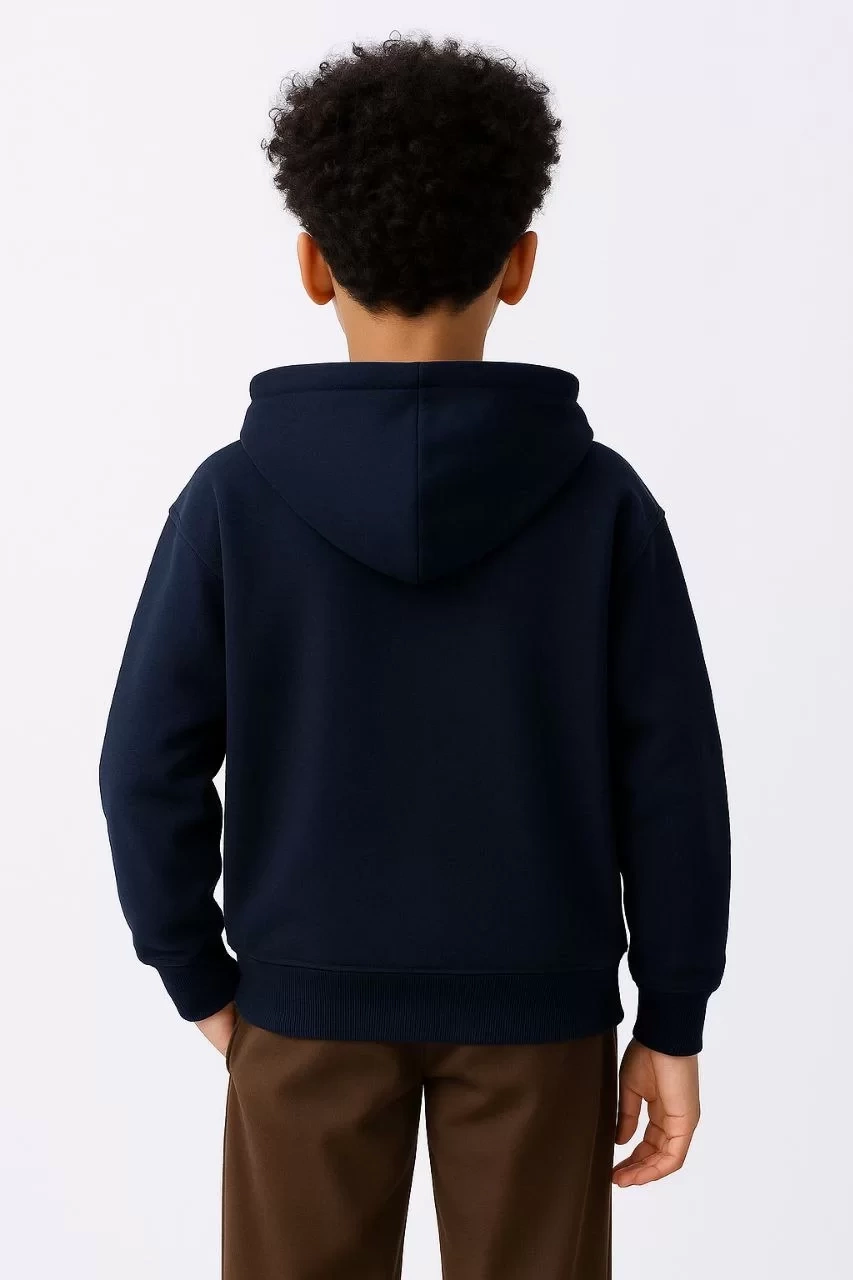 Erkek Çocuk Kapüşonlu Kanguru Çepli  Tam Fermuarlı Hırka SweatShirt - Lacivert