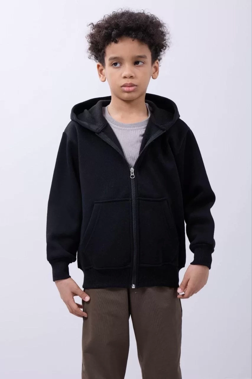 Erkek Çocuk Kapüşonlu Kanguru Çepli Tam Fermuarlı Hırka SweatShirt - Siyah