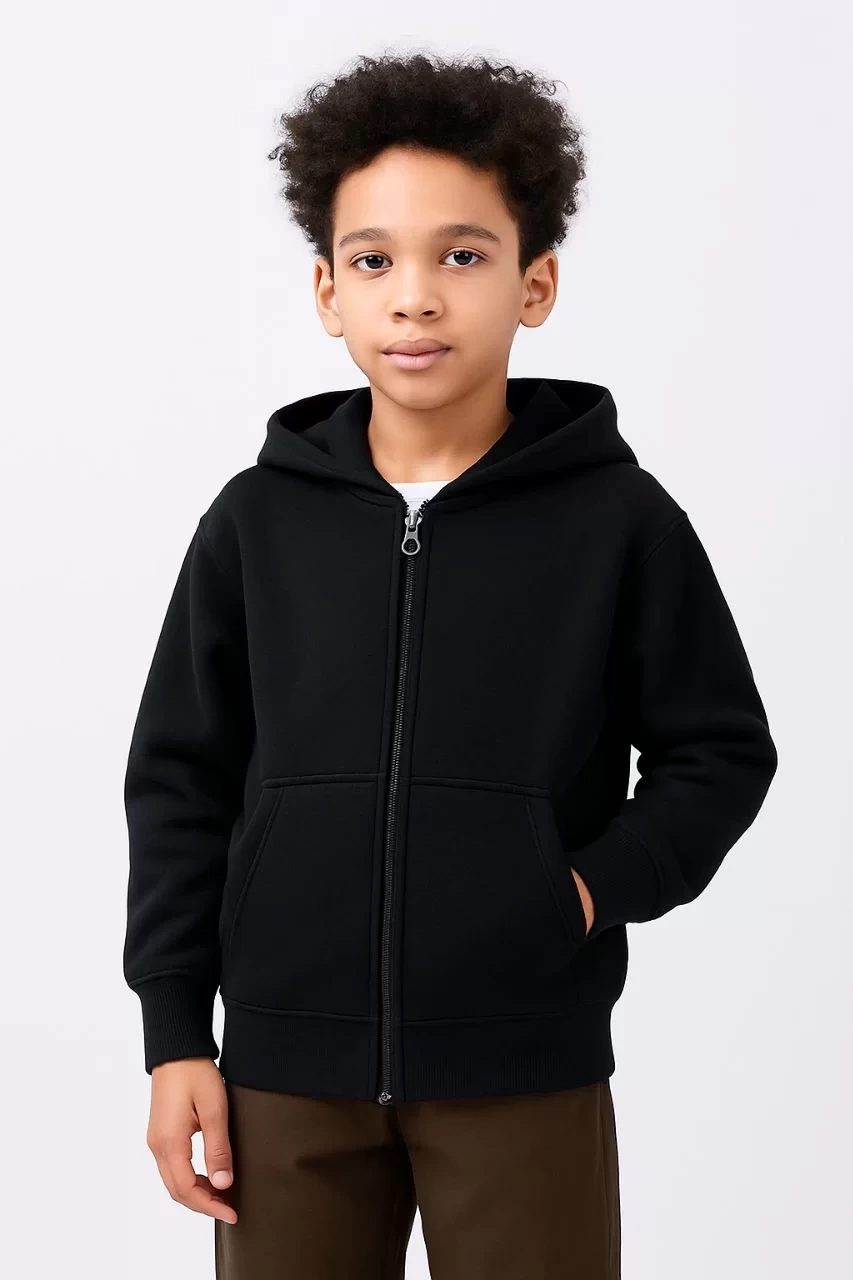 Erkek Çocuk Kapüşonlu Kanguru Çepli Tam Fermuarlı Hırka SweatShirt - Siyah