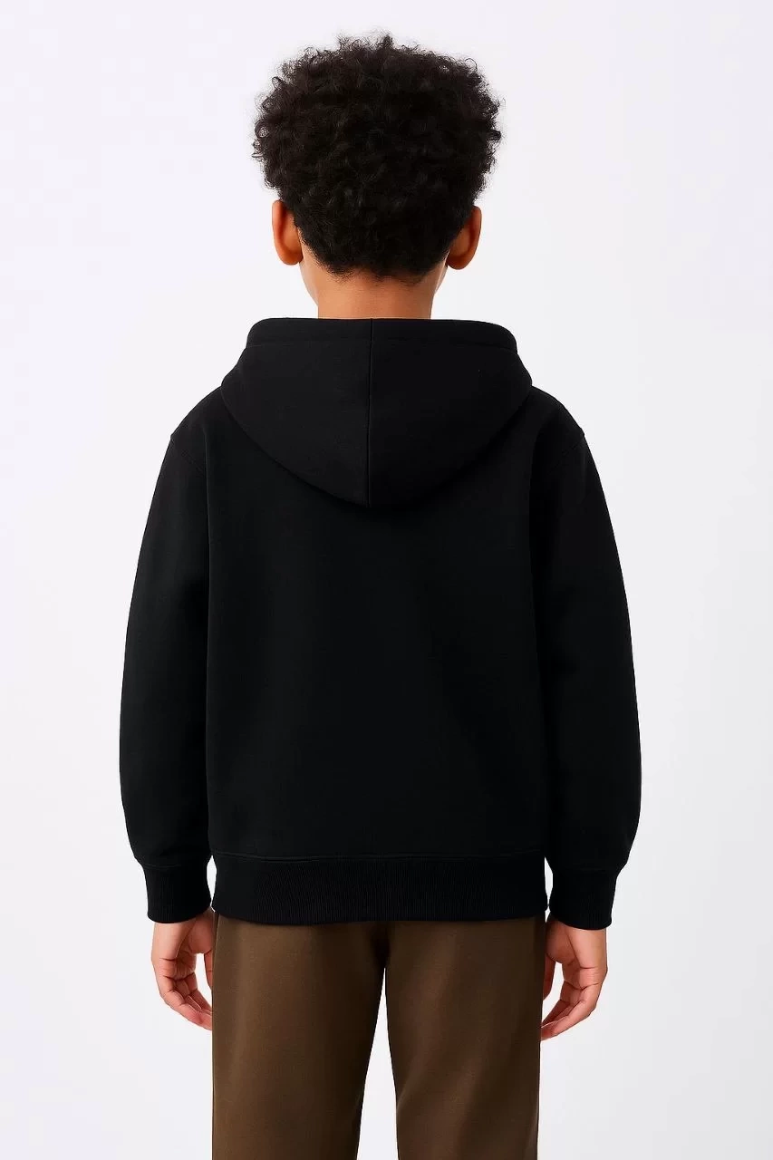 Erkek Çocuk Kapüşonlu Kanguru Çepli Tam Fermuarlı Hırka SweatShirt - Siyah