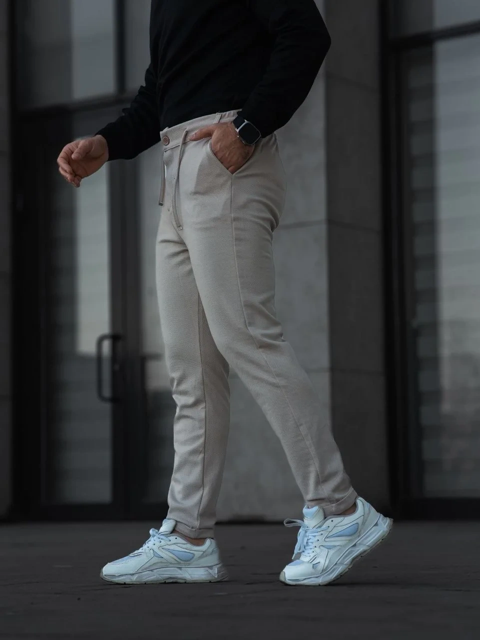 Erkek Diagonel Mikro dokulu Cepli Pantolon - Bej