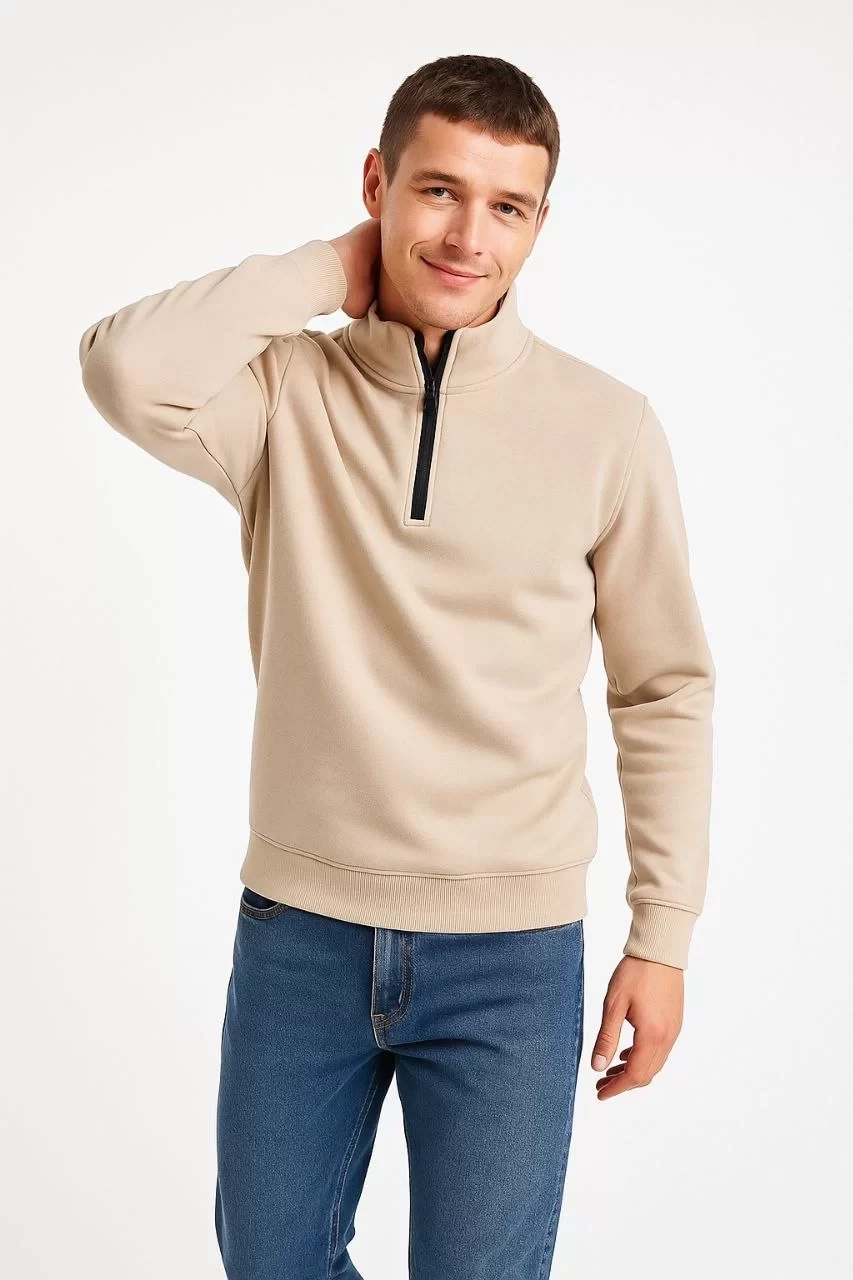 Erkek Dik Yaka Sweatshirt Dik Yaka Yarım Fermuarlı 3 İplik Şardonlu Pamuk Kumaş - Bej