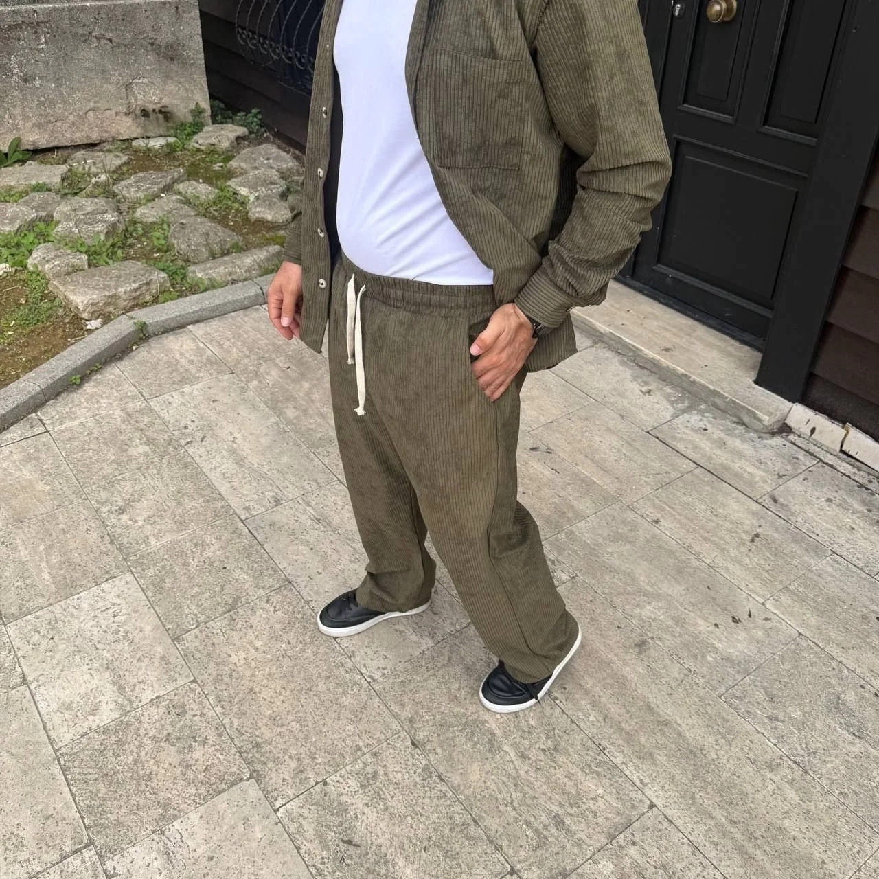 Erkek Fitilli Kadife Cepli Buggy Pantolon Oversize Rahat Kalıp - Haki