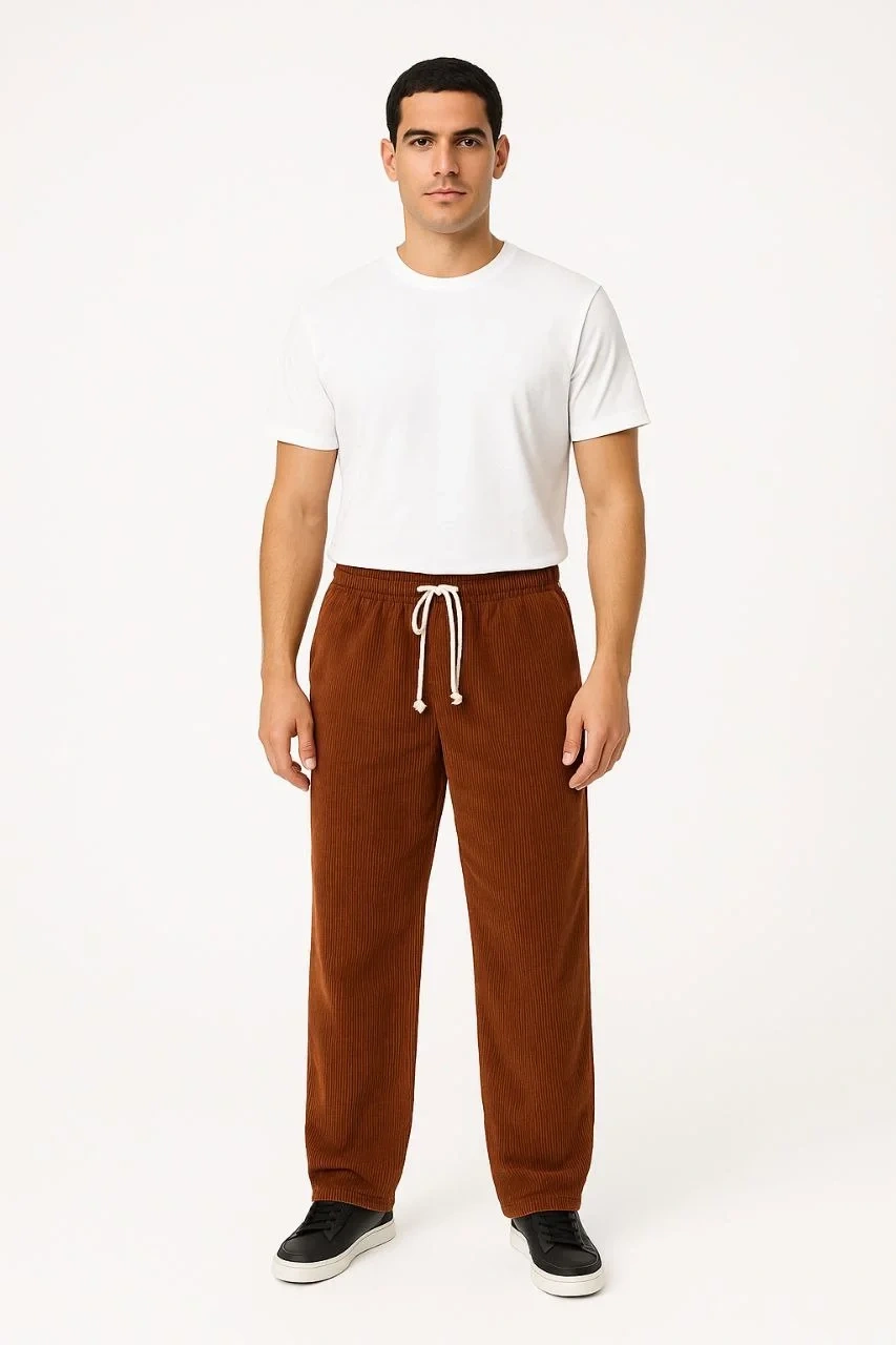 Erkek Fitilli Kadife Cepli Buggy Pantolon Oversize Rahat Kalıp - Kahverengi