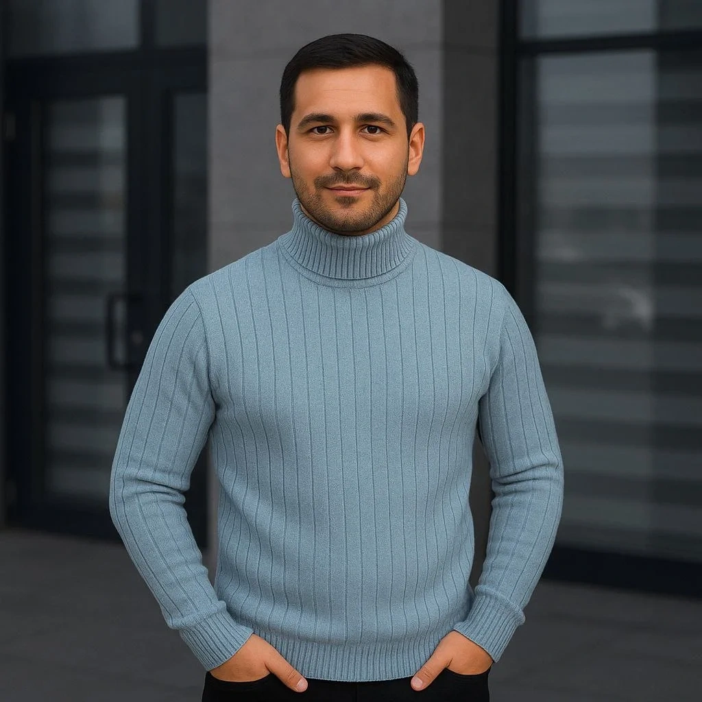 Erkek Fitilli Triko Kazak 2li Set Bebek Mavisi Siyah Regular Balıkcı Yaka Tam Boğazlı Triko Seti Modeli Kazak