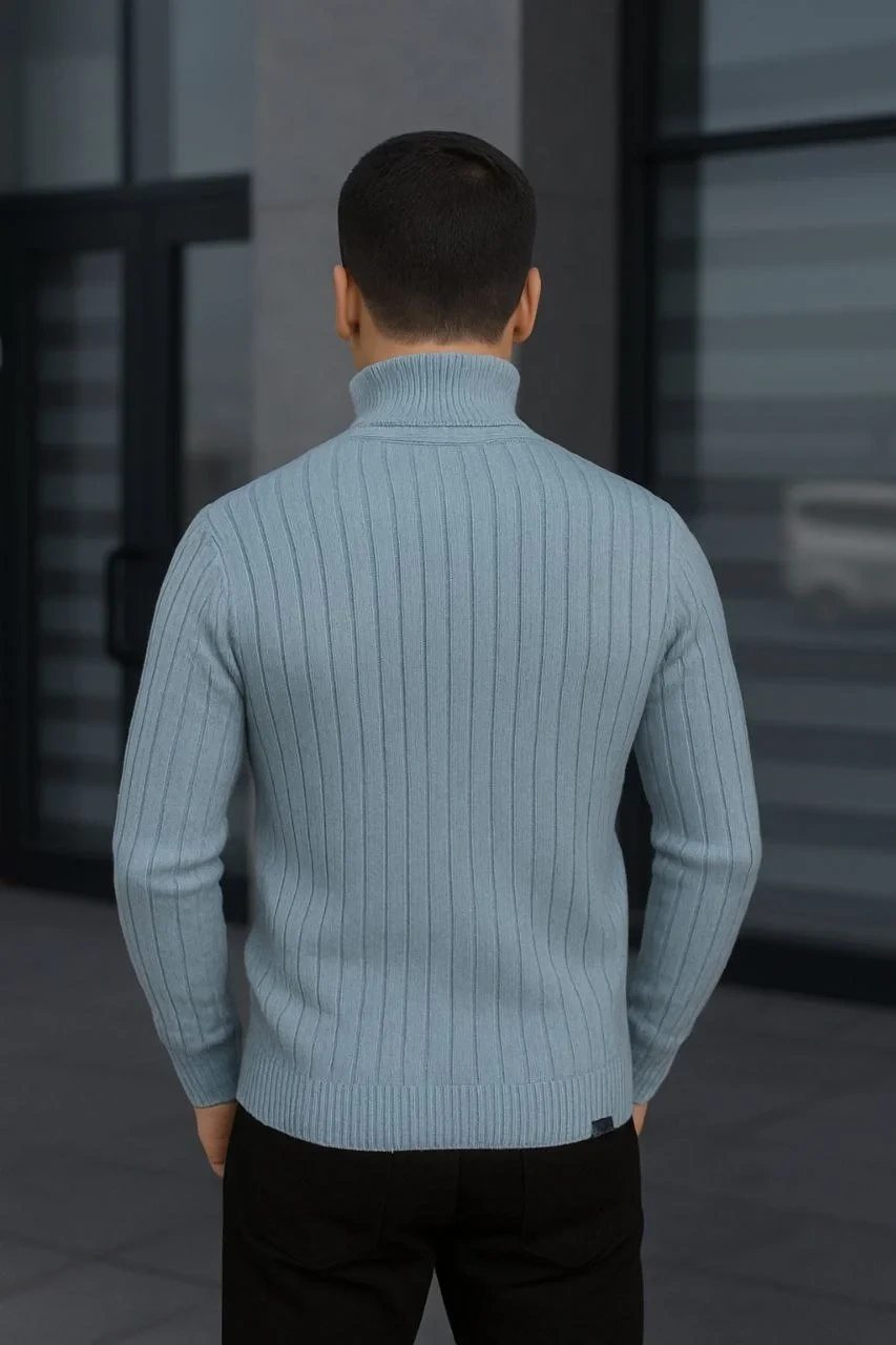 Erkek Fitilli Triko Kazak 2li Set Bebek Mavisi Siyah Regular Balıkcı Yaka Tam Boğazlı Triko Seti Modeli Kazak