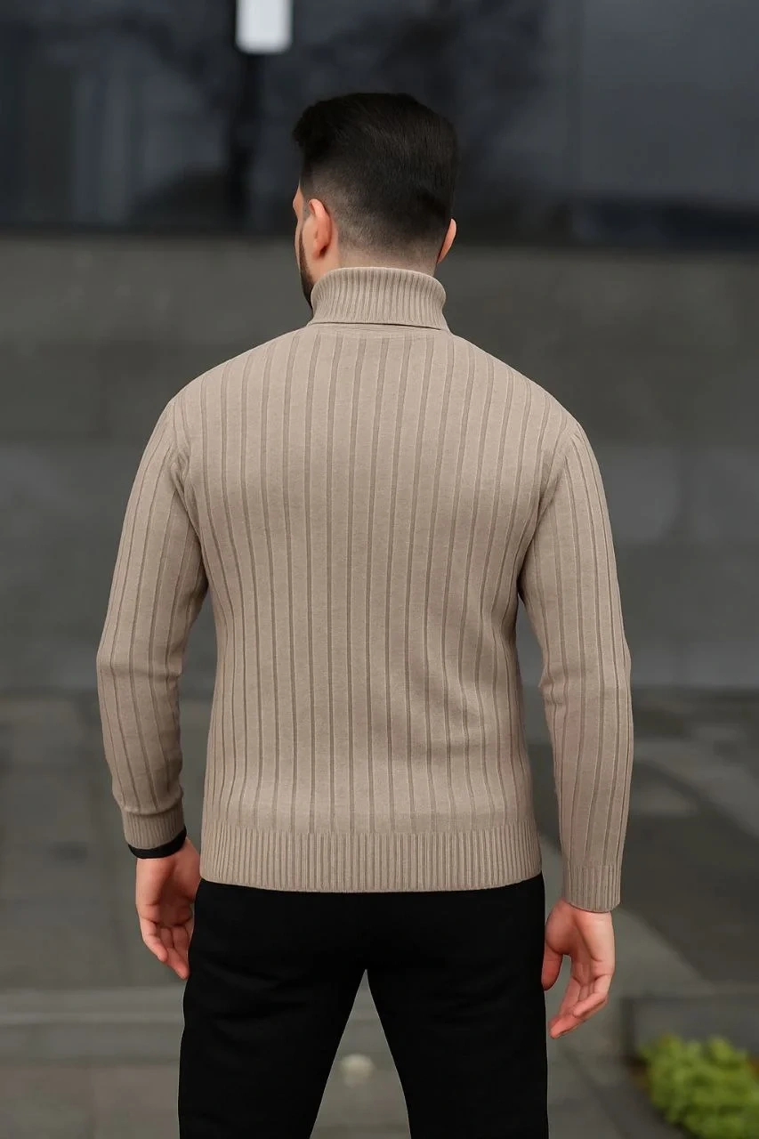 Erkek Fitilli Triko Kazak 2li Set Bej Siyah Regular Balıkcı Yaka Tam Boğazlı Triko Seti Modeli Kazak