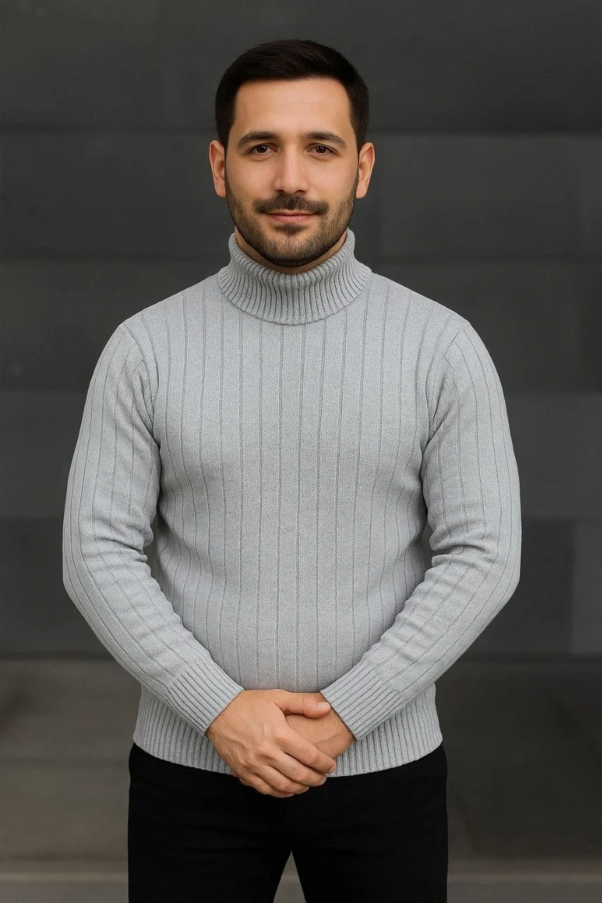 Erkek Fitilli Triko Kazak 2li Set Gri Siyah Regular Balıkcı Yaka Tam Boğazlı Triko Seti Modeli Kazak