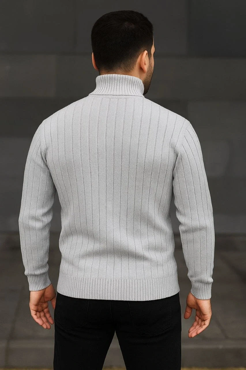 Erkek Fitilli Triko Kazak 2li Set Gri Siyah Regular Balıkcı Yaka Tam Boğazlı Triko Seti Modeli Kazak