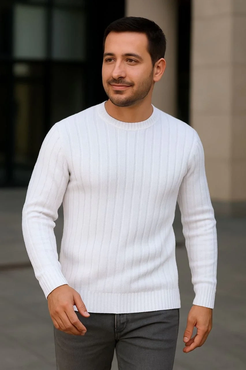 Erkek Fitilli Triko Kazak 2’li Set – Siyah & Beyaz, Kalın Dokuma Pamuklu Regular Fit Bisiklet Yaka Uzun Kollu Rahat Kışlık Kazak Kombini