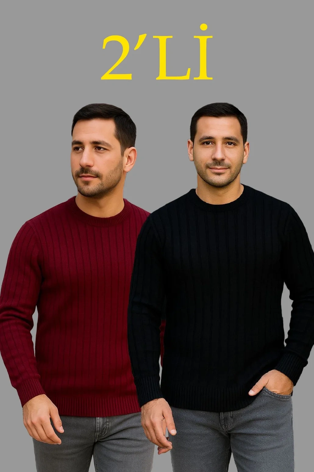 Erkek Fitilli Triko Kazak 2’li Set – Siyah & Bordo, Kalın Dokuma Pamuklu Regular Fit Bisiklet Yaka Uzun Kollu Rahat Kışlık Kazak Kombini