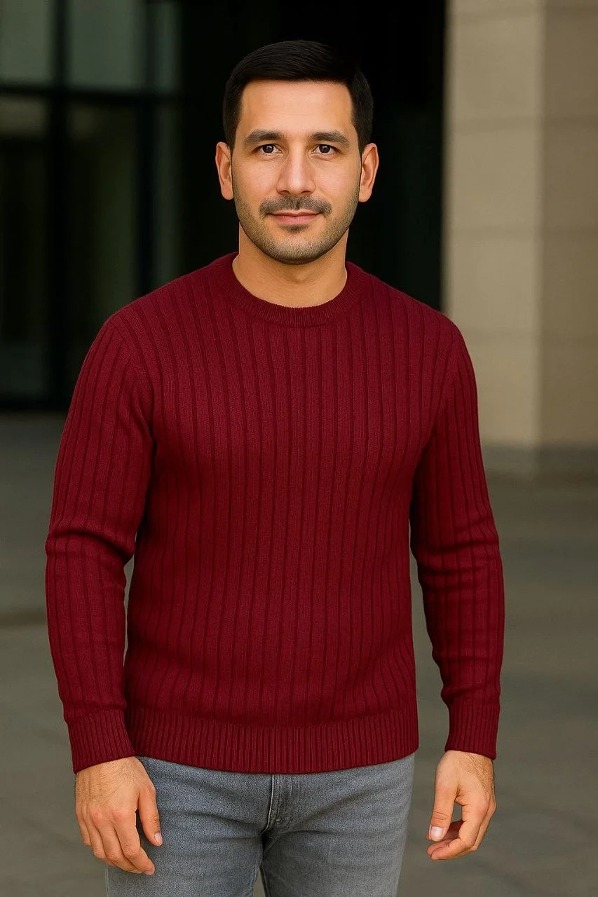 Erkek Fitilli Triko Kazak 2’li Set – Siyah & Bordo, Kalın Dokuma Pamuklu Regular Fit Bisiklet Yaka Uzun Kollu Rahat Kışlık Kazak Kombini