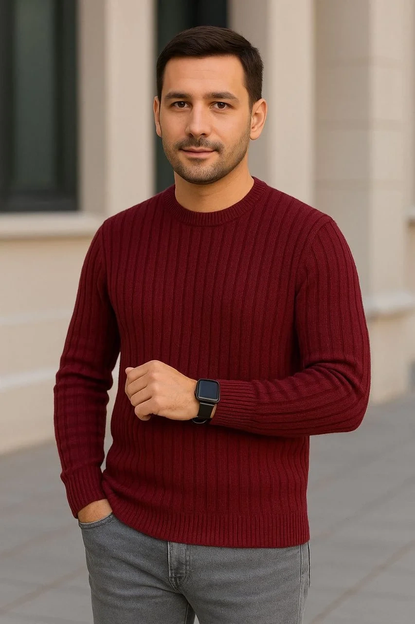 Erkek Fitilli Triko Kazak 2’li Set – Siyah & Bordo, Kalın Dokuma Pamuklu Regular Fit Bisiklet Yaka Uzun Kollu Rahat Kışlık Kazak Kombini