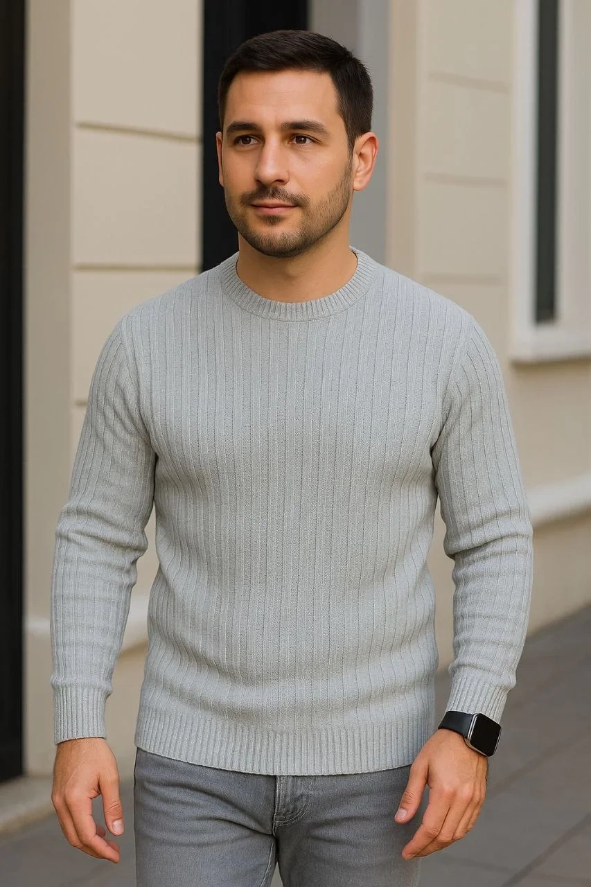 Erkek Fitilli Triko Kazak 2’li Set – Siyah & Gri, Kalın Dokuma Pamuklu Regular Fit Bisiklet Yaka Uzun Kollu Rahat Kışlık Kazak Kombini