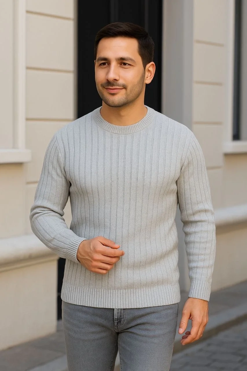 Erkek Fitilli Triko Kazak 2’li Set – Siyah & Gri, Kalın Dokuma Pamuklu Regular Fit Bisiklet Yaka Uzun Kollu Rahat Kışlık Kazak Kombini