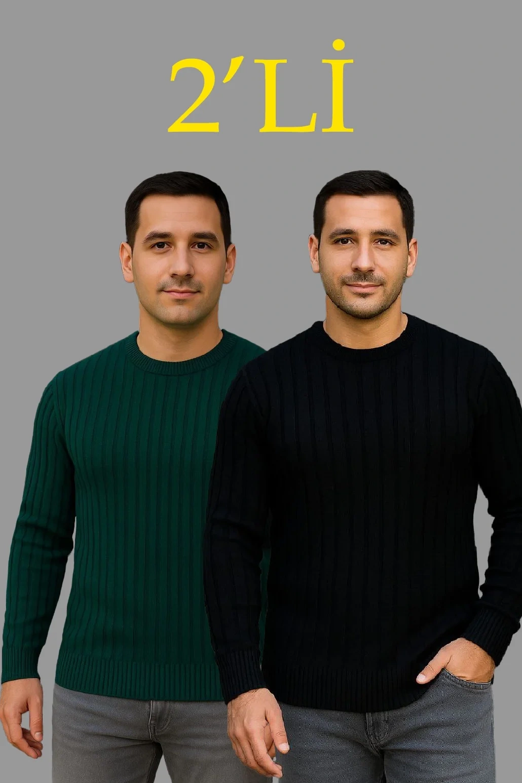 Erkek Fitilli Triko Kazak 2’li Set – Siyah & Haki, Kalın Dokuma Pamuklu Regular Fit Bisiklet Yaka Uzun Kollu Rahat Kışlık Kazak Kombini