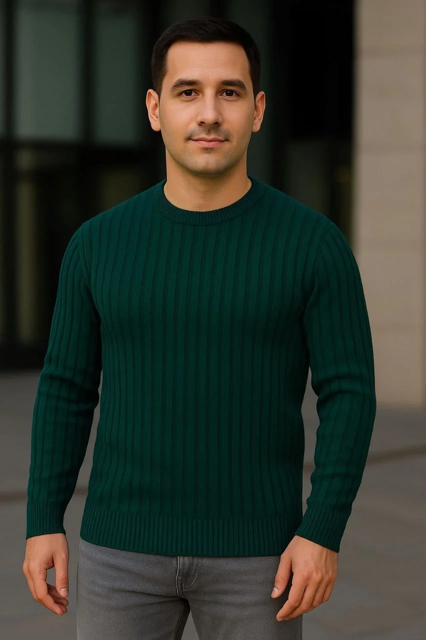 Erkek Fitilli Triko Kazak 2’li Set – Siyah & Haki, Kalın Dokuma Pamuklu Regular Fit Bisiklet Yaka Uzun Kollu Rahat Kışlık Kazak Kombini