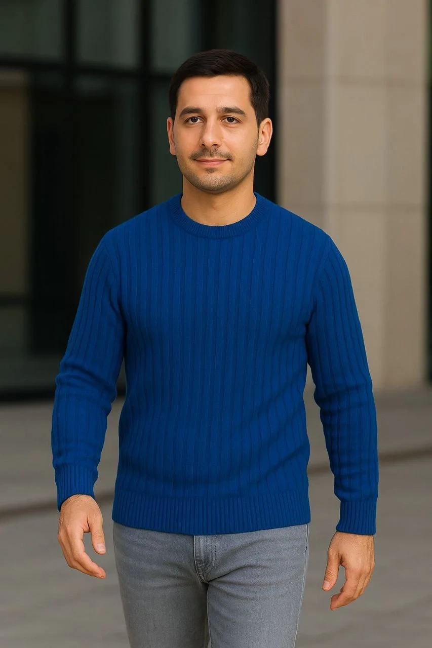 Erkek Fitilli Triko Kazak 2’li Set – Siyah & Saks Mavisi, Kalın Dokuma Pamuklu Regular Fit Bisiklet Yaka Uzun Kollu Rahat Kışlık Kazak Kombini